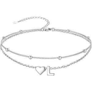 SILVERCUTE Silver Anklets for Women, Waterproof Initial Heart Ankle Bracelets Sterling Silver, Adjustable Layered Foot Jewelry Summer Beach Fashion with Personalized Name Design, Gift Package(L)