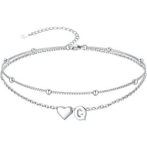 SILVERCUTE Silver Anklets for Women, Waterproof Initial Heart Ankle Bracelets Sterling Silver, Adjustable Layered Foot Jewelry Summer Beach Fashion with Personalized Name Design, Gift Package(Q)