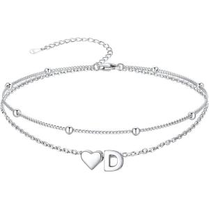 SILVERCUTE Silver Anklets for Women, Waterproof Initial Heart Ankle Bracelets Sterling Silver, Adjustable Layered Foot Jewelry Summer Beach Fashion with Personalized Name Design, Gift Package(D)