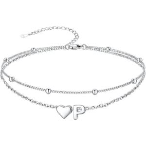 SILVERCUTE Silver Anklets for Women, Waterproof Initial Heart Ankle Bracelets Sterling Silver, Adjustable Layered Foot Jewelry Summer Beach Fashion with Personalized Name Design, Gift Package(P)