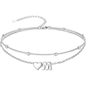 SILVERCUTE Silver Anklets for Women, Waterproof Initial Heart Ankle Bracelets Sterling Silver, Adjustable Layered Foot Jewelry Summer Beach Fashion with Personalized Name Design, Gift Package(M)