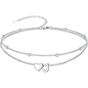 SILVERCUTE Silver Anklets for Women, Waterproof Initial Heart Ankle Bracelets Sterling Silver, Adjustable Layered Foot Jewelry Summer Beach Fashion with Personalized Name Design, Gift Package(J)