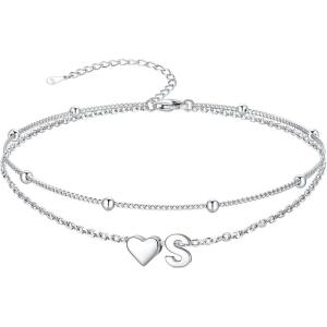 SILVERCUTE Silver Anklets for Women, Waterproof Initial Heart Ankle Bracelets Sterling Silver, Adjustable Layered Foot Jewelry Summer Beach Fashion with Personalized Name Design, Gift Package(S)