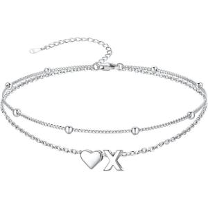 SILVERCUTE Silver Anklets for Women, Waterproof Initial Heart Ankle Bracelets Sterling Silver, Adjustable Layered Foot Jewelry Summer Beach Fashion with Personalized Name Design, Gift Package(X)