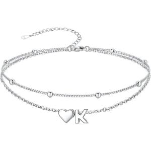 SILVERCUTE Silver Anklets for Women, Waterproof Initial Heart Ankle Bracelets Sterling Silver, Adjustable Layered Foot Jewelry Summer Beach Fashion with Personalized Name Design, Gift Package(K)
