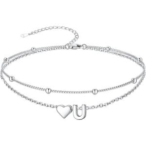 SILVERCUTE Silver Anklets for Women, Waterproof Initial Heart Ankle Bracelets Sterling Silver, Adjustable Layered Foot Jewelry Summer Beach Fashion with Personalized Name Design, Gift Package(U)
