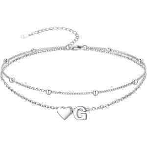 SILVERCUTE Silver Anklets for Women, Waterproof Initial Heart Ankle Bracelets Sterling Silver, Adjustable Layered Foot Jewelry Summer Beach Fashion with Personalized Name Design, Gift Package(G)