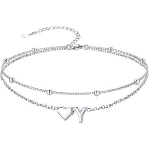 SILVERCUTE Silver Anklets for Women, Waterproof Initial Heart Ankle Bracelets Sterling Silver, Adjustable Layered Foot Jewelry Summer Beach Fashion with Personalized Name Design, Gift Package(Y)