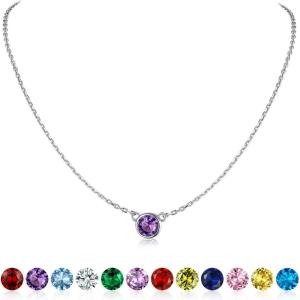 SILVERCUTE Sterling Silver Birthstone Necklace for Women,Dainty Silver Pendant Necklace with Round Cubic Zirconia,16″-18″(02.February-Amethyst)