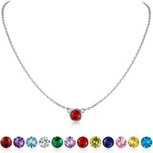 SILVERCUTE Sterling Silver Birthstone Necklace for Women,Dainty Silver Pendant Necklace with Round Cubic Zirconia,16″-18″(07.July-Ruby)