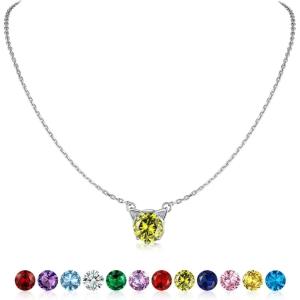 SILVERCUTE Sterling Silver Birthstone Necklace for Women,Dainty Silver Pendant Necklace with Round Cubic Zirconia,16″-18″(08.August-Peridot(Cat))