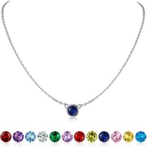 SILVERCUTE Sterling Silver Birthstone Necklace for Women,Dainty Silver Pendant Necklace with Round Cubic Zirconia,16″-18″(09.September-Sapphire)