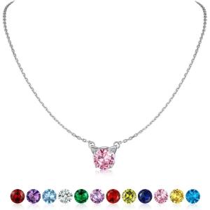 SILVERCUTE Sterling Silver Birthstone Necklace for Women,Dainty Silver Pendant Necklace with Round Cubic Zirconia,16″-18″(10.October-Tourmaline(Cat))