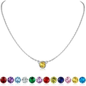 SILVERCUTE Sterling Silver Birthstone Necklace for Women,Dainty Silver Pendant Necklace with Round Cubic Zirconia,16″-18″(11.November-Citrine)