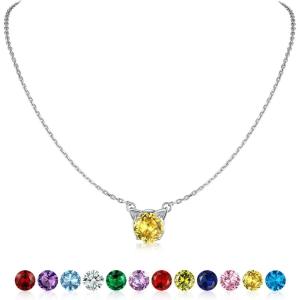 SILVERCUTE Sterling Silver Birthstone Necklace for Women,Dainty Silver Pendant Necklace with Round Cubic Zirconia,16″-18″(11.November-Citrine(Cat))