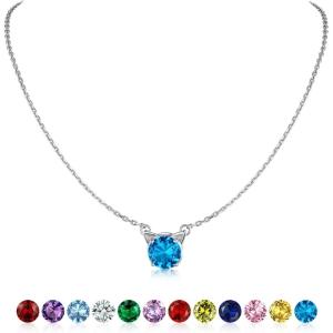 SILVERCUTE Sterling Silver Birthstone Necklace for Women,Dainty Silver Pendant Necklace with Round Cubic Zirconia,16″-18″(Cute Cat-Sky Blue(Dec.))