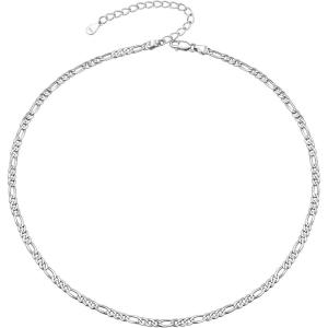 U7 14 Inch Choker Necklace Solid Sterling Silver 3mm Figaro Chain for Women