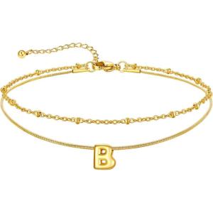 U7 14K Gold Initial Ankle Bracelets for Women Waterproof,Layered Gold Letter Anklets No Tainish,Summer Beach Foot Jewelry(B)