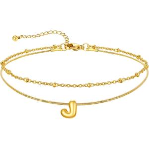 U7 14K Gold Initial Ankle Bracelets for Women Waterproof,Layered Gold Letter Anklets No Tainish,Summer Beach Foot Jewelry(J)