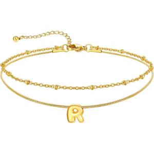 U7 14K Gold Initial Ankle Bracelets for Women Waterproof,Layered Gold Letter Anklets No Tainish,Summer Beach Foot Jewelry(R)