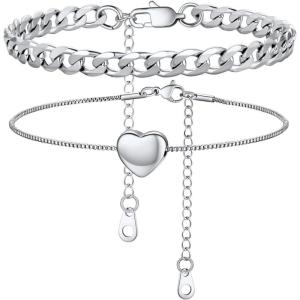 U7 2Pcs/3Pcs Ankle Bracelets for Women, Stainless Steel Cuban Link/Figaro/Rope/Heart Chain Anklets Sets,Waterproof Layered Anklets Adjustable 8.5″-10.5″(02. 2Pcs Style B-Stainless Steel)