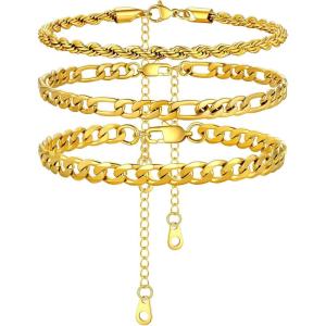 U7 2Pcs/3Pcs Ankle Bracelets for Women, Stainless Steel Cuban Link/Figaro/Rope/Heart Chain Anklets Sets,Waterproof Layered Anklets Adjustable 8.5″-10.5″(03. 3Pcs Style A-Gold)