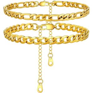 U7 2Pcs/3Pcs Ankle Bracelets for Women, Stainless Steel Cuban Link/Figaro/Rope/Heart Chain Anklets Sets,Waterproof Layered Anklets Adjustable 8.5″-10.5″(01. 2Pcs Style A-Gold)