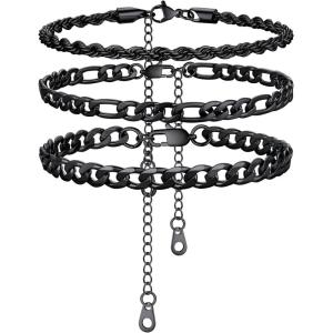 U7 2Pcs/3Pcs Ankle Bracelets for Women, Stainless Steel Cuban Link/Figaro/Rope/Heart Chain Anklets Sets,Waterproof Layered Anklets Adjustable 8.5″-10.5″(03. 3Pcs Style A-Black)