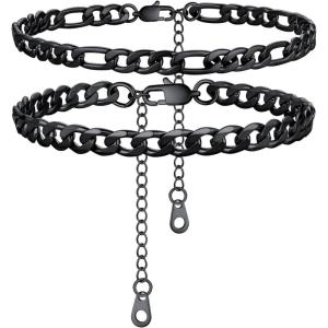 U7 2Pcs/3Pcs Ankle Bracelets for Women, Stainless Steel Cuban Link/Figaro/Rope/Heart Chain Anklets Sets,Waterproof Layered Anklets Adjustable 8.5″-10.5″(01. 2Pcs Style A-Black)