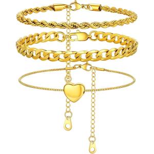 U7 2Pcs/3Pcs Ankle Bracelets for Women, Stainless Steel Cuban Link/Figaro/Rope/Heart Chain Anklets Sets,Waterproof Layered Anklets Adjustable 8.5″-10.5″(04. 3Pcs Style B-Gold)