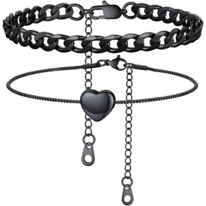 U7 2Pcs/3Pcs Ankle Bracelets for Women, Stainless Steel Cuban Link/Figaro/Rope/Heart Chain Anklets Sets,Waterproof Layered Anklets Adjustable 8.5″-10.5″(02. 2Pcs Style B-Black)