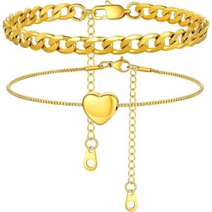 U7 2Pcs/3Pcs Ankle Bracelets for Women, Stainless Steel Cuban Link/Figaro/Rope/Heart Chain Anklets Sets,Waterproof Layered Anklets Adjustable 8.5″-10.5″(02. 2Pcs Style B-Gold)