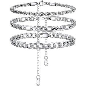 U7 2Pcs/3Pcs Ankle Bracelets for Women, Stainless Steel Cuban Link/Figaro/Rope/Heart Chain Anklets Sets,Waterproof Layered Anklets Adjustable 8.5″-10.5″(03. 3Pcs Style A-Stainless Steel)