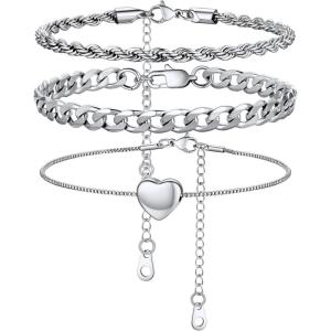 U7 2Pcs/3Pcs Ankle Bracelets for Women, Stainless Steel Cuban Link/Figaro/Rope/Heart Chain Anklets Sets,Waterproof Layered Anklets Adjustable 8.5″-10.5″(04. 3Pcs Style B-Stainless Steel)