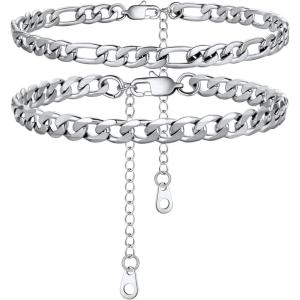 U7 2Pcs/3Pcs Ankle Bracelets for Women, Stainless Steel Cuban Link/Figaro/Rope/Heart Chain Anklets Sets,Waterproof Layered Anklets Adjustable 8.5″-10.5″(01. 2Pcs Style A-Stainless Steel)