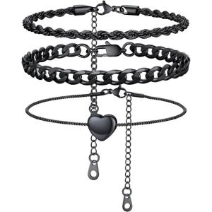 U7 2Pcs/3Pcs Ankle Bracelets for Women, Stainless Steel Cuban Link/Figaro/Rope/Heart Chain Anklets Sets,Waterproof Layered Anklets Adjustable 8.5″-10.5″(04. 3Pcs Style B-Black)