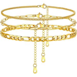 U7 2Pcs/3Pcs Ankle Bracelets for Women, Stainless Steel Cuban Link/Figaro/Rope/Heart Chain Anklets Sets,Waterproof Layered Anklets Adjustable 8.5″-10.5″(05.3Pcs Style C-Gold)