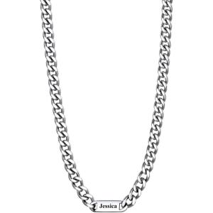 U7 Cuban Link Chain Custom Name Necklace for Men, Stainless Steel/Black/Gold Plated Men Necklaces with 1-6 Names Engraved, 5/7 mm Width, 18/20/22/24 Inches Length, Thick Hip Hop Family Chains Jewelry(a. 5mm Steel)