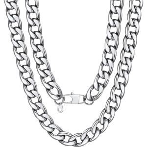 U7 Cuban Link Chain for Men Women Stainless Steel Curb Necklace, 7/9/12/15 MM Chunky Chain Silver/Gold/Black Mens Hip Hop Jewelry 18”-30”(b. 15mm-silver)