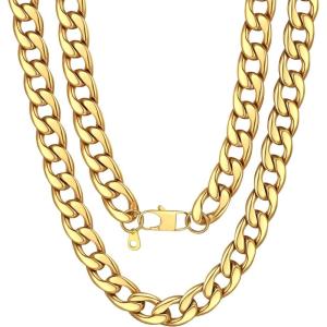 U7 Cuban Link Chain for Men Women Stainless Steel Curb Necklace, 7/9/12/15 MM Chunky Chain Silver/Gold/Black Mens Hip Hop Jewelry 18”-30”(f. 15mm-gold)