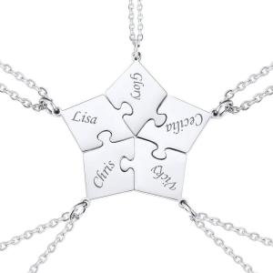 U7 Custom BFF Necklaces for Women,18K Gold Plated Friendship/Family Jewelry Personalized Name Puzzle Pieces Pendant Necklace(5 Set-Steel)