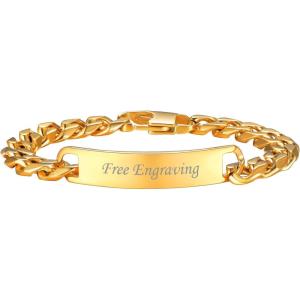 U7 Customized ID Bracelets for Men, Stainless Steel Cuban Chain Bracelets, Hip Hop Bracelets, Personalized Engrave Identification Bracelets, Bar Bracelets for Men Women(Cuban link-gold-10mm)