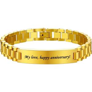 U7 Customized ID Bracelets for Men, Stainless Steel Cuban Chain Bracelets, Hip Hop Bracelets, Personalized Engrave Identification Bracelets, Bar Bracelets for Men Women(Watch band-gold-10mm)