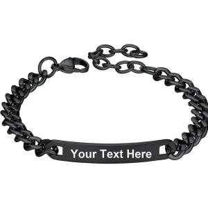 U7 Customized ID Bracelets for Men, Stainless Steel Cuban Chain Bracelets, Hip Hop Bracelets, Personalized Engrave Identification Bracelets, Bar Bracelets for Men Women(Cuban link-black-7mm)