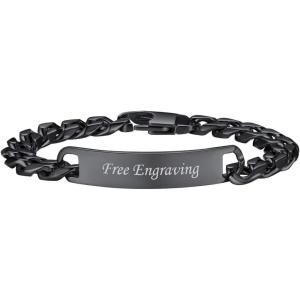 U7 Customized ID Bracelets for Men, Stainless Steel Cuban Chain Bracelets, Hip Hop Bracelets, Personalized Engrave Identification Bracelets, Bar Bracelets for Men Women(Cuban link-black-10mm)