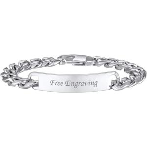 U7 Customized ID Bracelets for Men, Stainless Steel Cuban Chain Bracelets, Hip Hop Bracelets, Personalized Engrave Identification Bracelets, Bar Bracelets for Men Women(Cuban link-stainless-10mm)