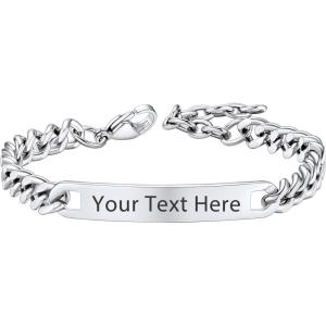 U7 Customized ID Bracelets for Men, Stainless Steel Cuban Chain Bracelets, Hip Hop Bracelets, Personalized Engrave Identification Bracelets, Bar Bracelets for Men Women(Cuban link-stainless-7mm)