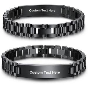 U7 Customized ID Bracelets for Men, Stainless Steel Cuban Chain Bracelets, Hip Hop Bracelets, Personalized Engrave Identification Bracelets, Bar Bracelets for Men Women(Watch band-black-10mm)