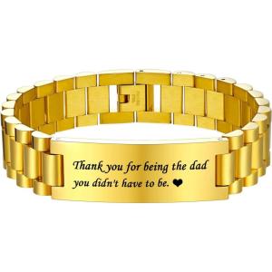 U7 Customized ID Bracelets for Men, Stainless Steel Cuban Chain Bracelets, Hip Hop Bracelets, Personalized Engrave Identification Bracelets, Bar Bracelets for Men Women(Watch band-gold-15mm)