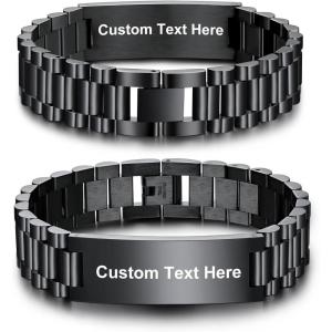U7 Customized ID Bracelets for Men, Stainless Steel Cuban Chain Bracelets, Hip Hop Bracelets, Personalized Engrave Identification Bracelets, Bar Bracelets for Men Women(Watch band-black-15mm)